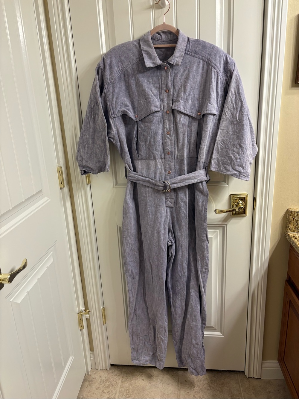 VINTAGE | 80’s Lavender Belted Denim Utility Jumpsuit Shoulder Pads Coveralls L